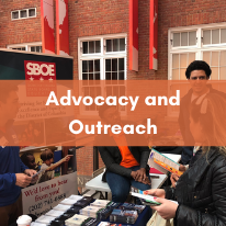 Image of people tabling at a fair with text that reads "Advocacy and Outreach." Click here to be taken to the Advocacy and Outreach Committee page.