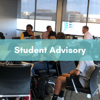 Image of students talking together with text that reads "Student Advisory." Click here to be taken to the Student Advisory Committee page.