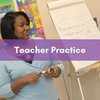 Image of a woman holding a pen in front of classroom with text that reads, "Teacher Practice." Click here to be taken to the Teacher Practice Committee page.